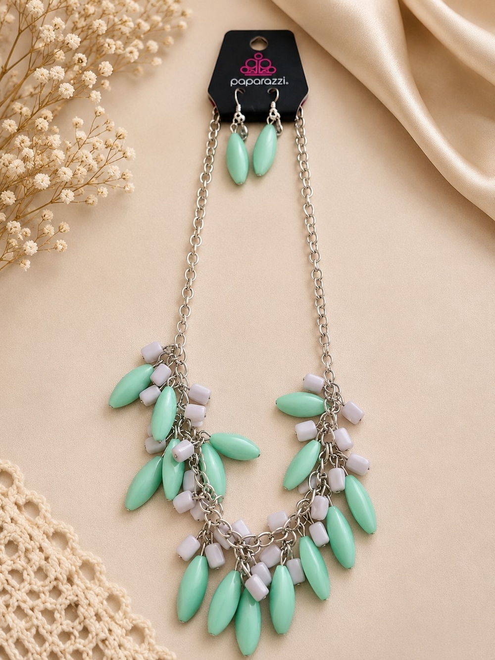 paparazzi Mint Teardrop Cluster Necklace and Earrings